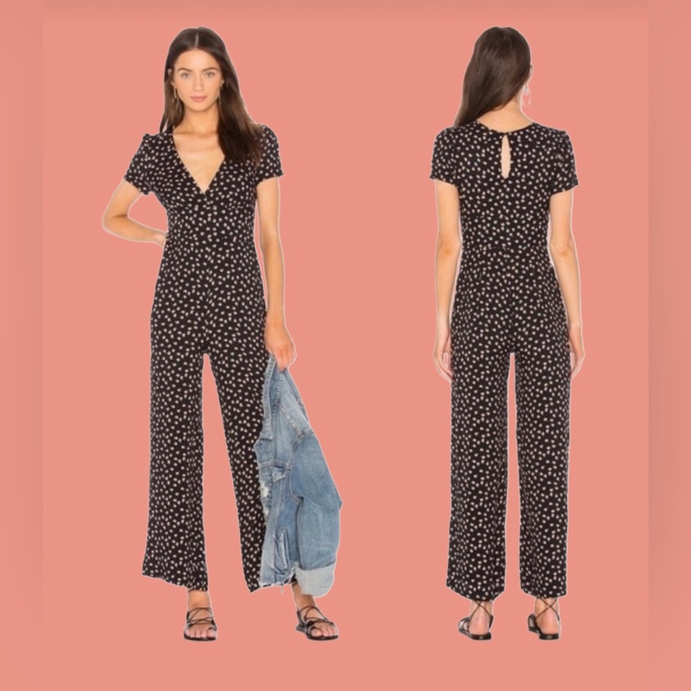 Free People Black Floral Short-Sleeve Jumpsuit